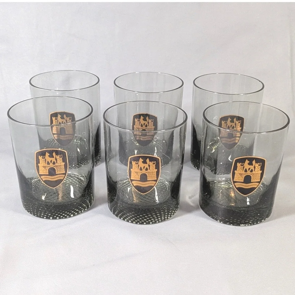 Vintage Smoky Gray Rocks Glasses Set of 6 Gold Heraldic Crest Hobnail Base 4in